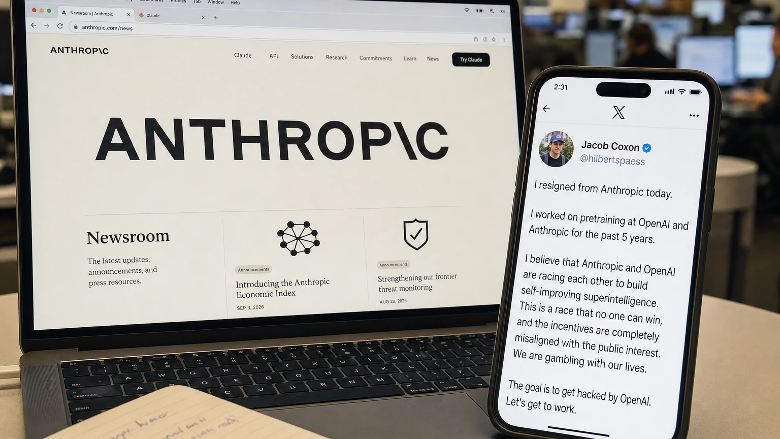 Anthropic logo beside Jacob Coxon’s resignation post on a smartphone