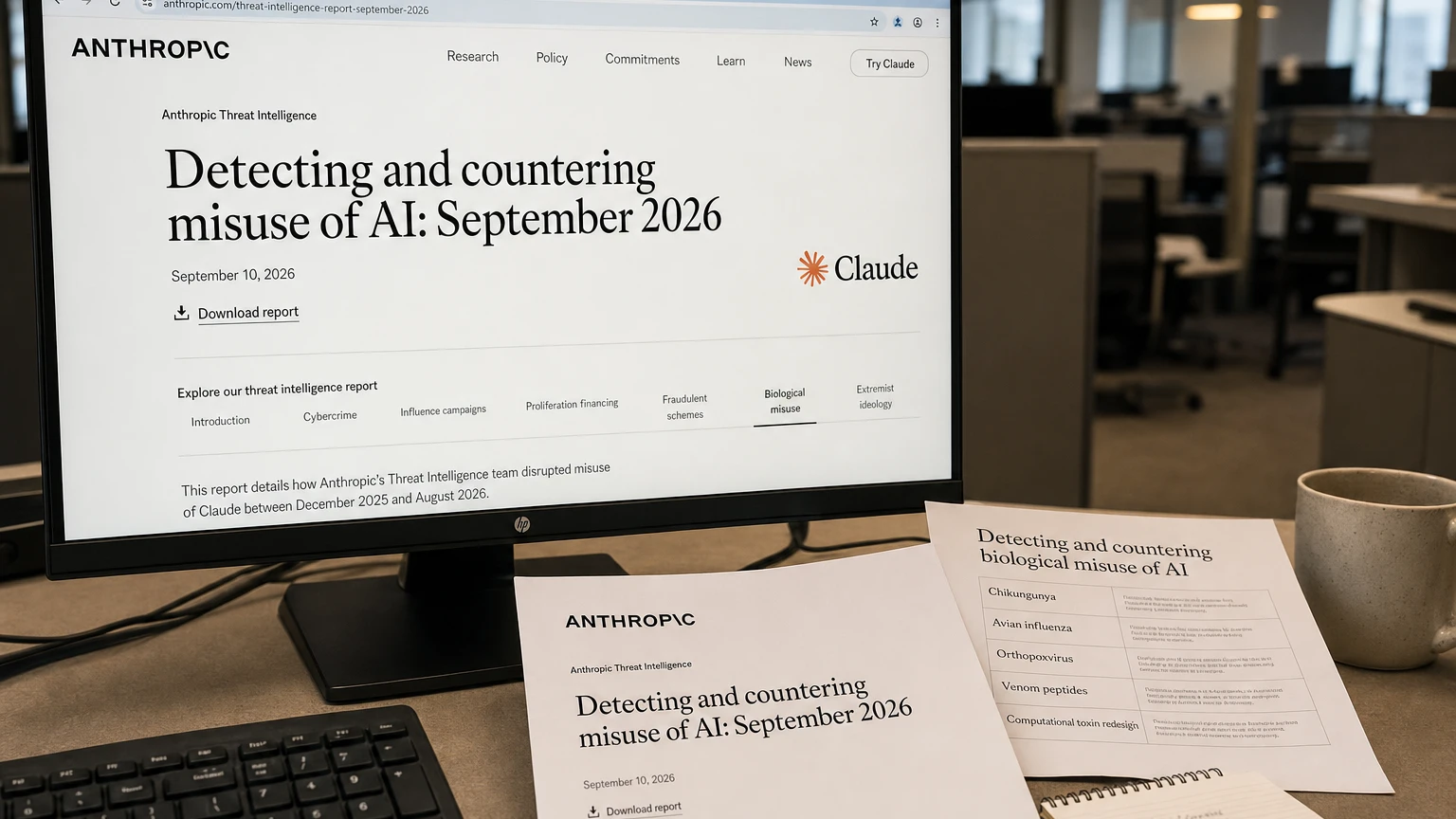 Anthropic logo and September 2026 AI misuse report on a computer