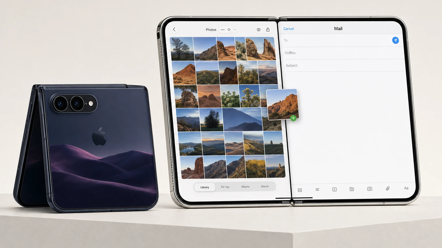 Apple iPhone Duo shown folded and open in Night Sky and Star White