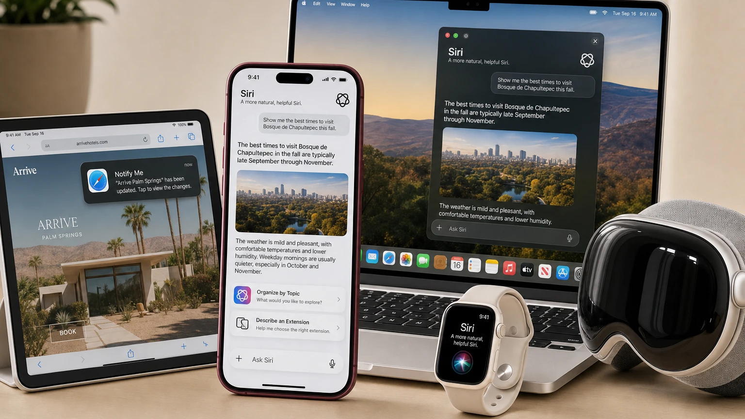 Siri AI interface displayed on an iPhone beside other supported Apple devices
