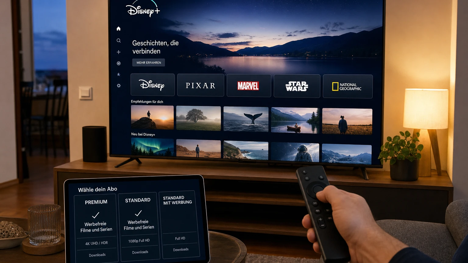 Disney+ displayed on a television with a remote control in the foreground