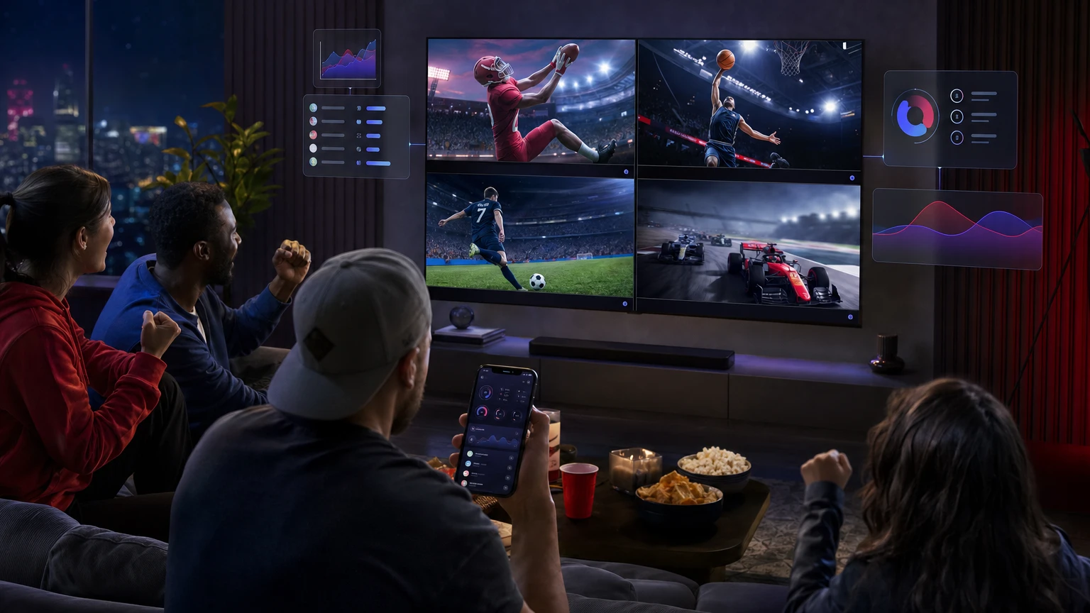 A television showing multiple sports feeds beside a phone with fantasy statistics