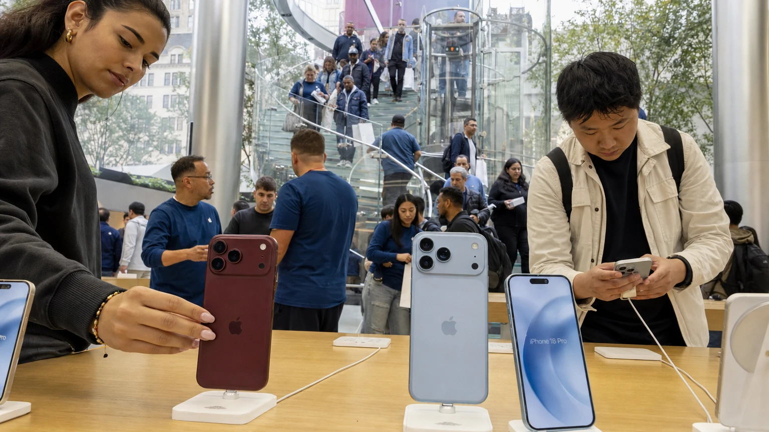 Burgundy and glacier iPhone 18 Pro models displayed at an Apple Store