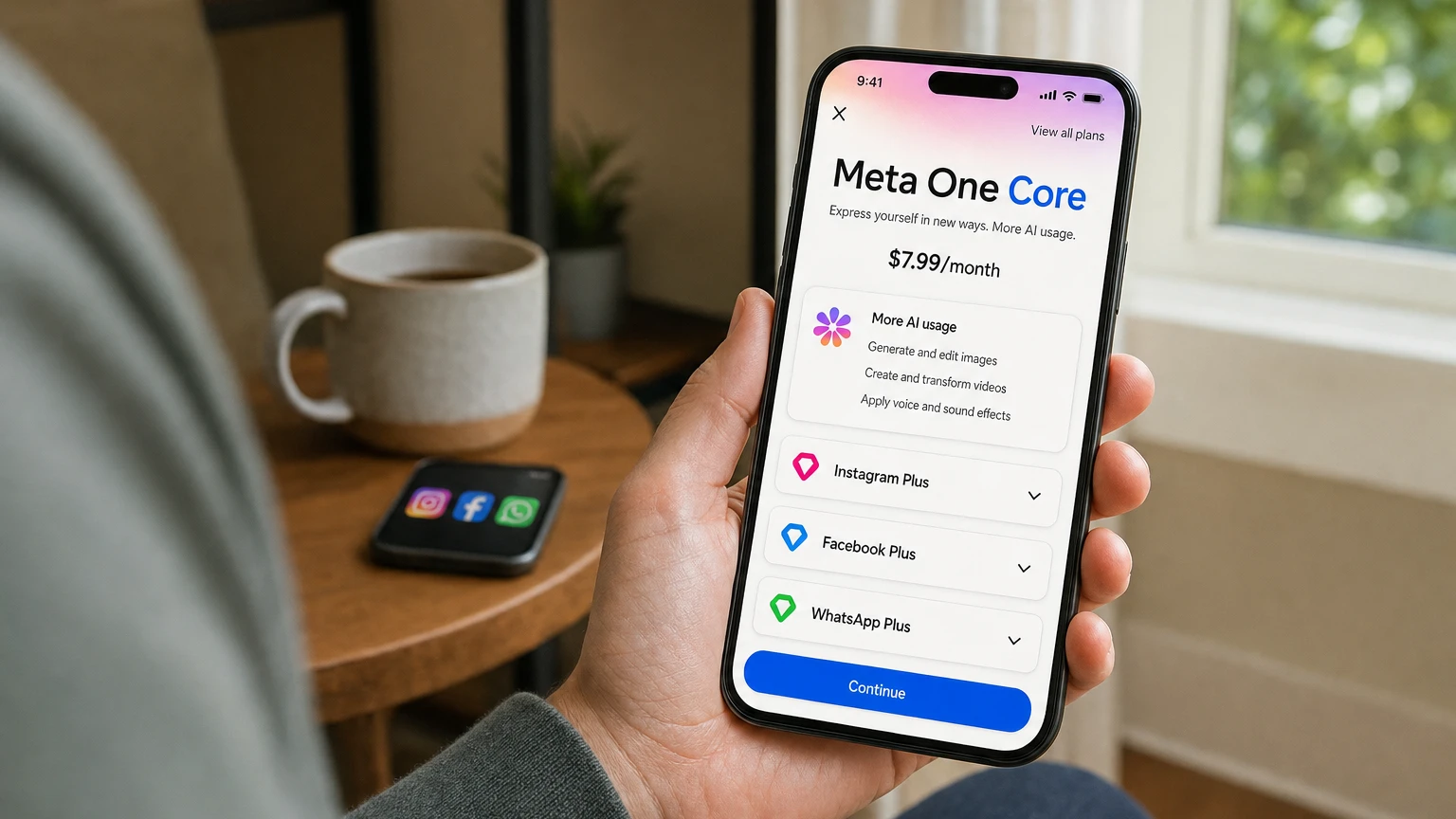 Meta One subscription plans shown alongside Instagram, Facebook and WhatsApp icons