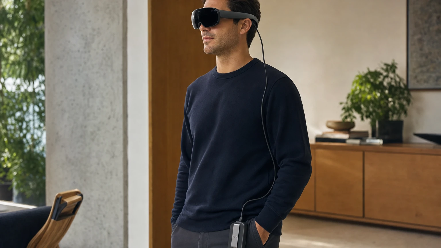 Meta VR Glasses tethered to a compute puck clipped to the wearer’s pocket