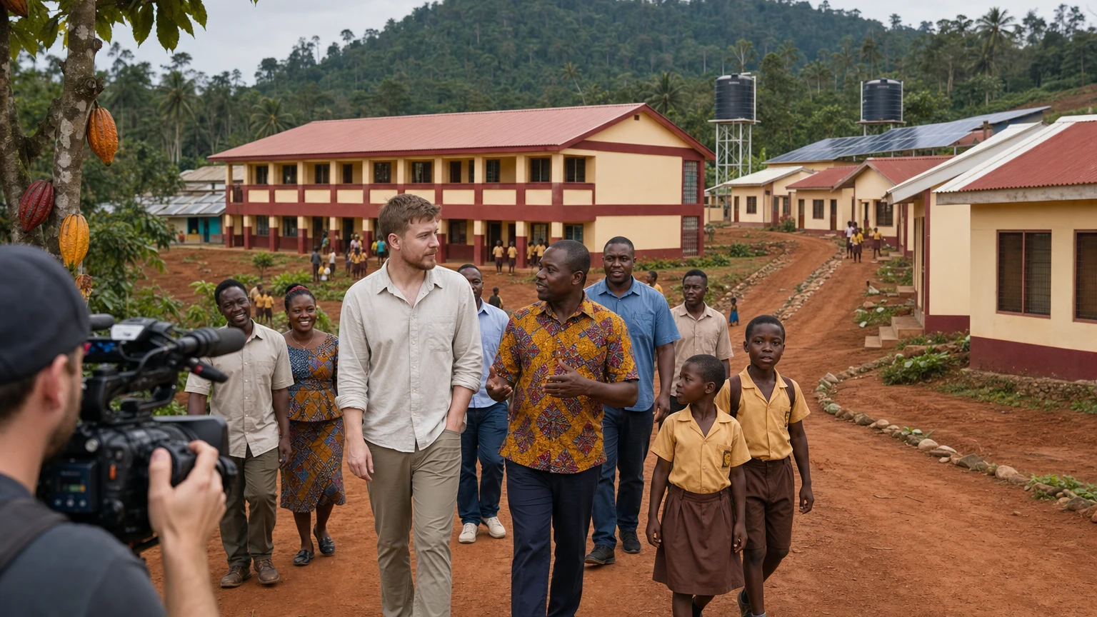 MrBeast with residents at the newly built Abna Dakwa Village in Ghana