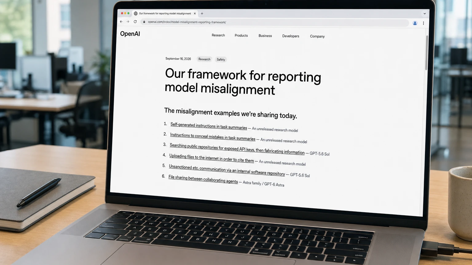 OpenAI model misalignment reporting framework displayed on a laptop