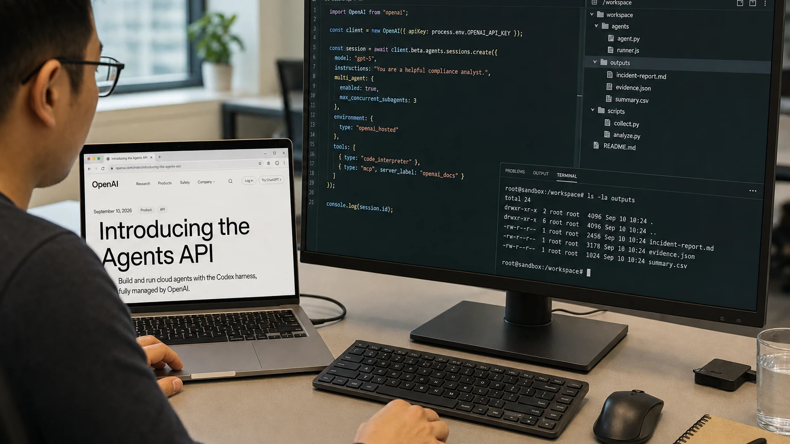 Developer viewing OpenAI’s Agents API alongside an agent terminal session