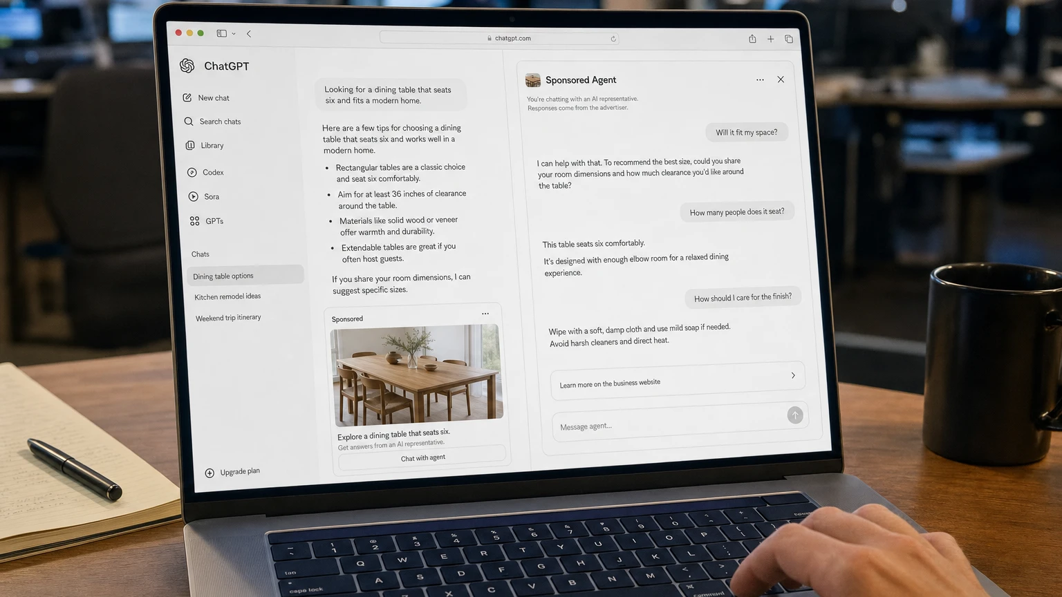 ChatGPT displaying a clearly labeled Sponsored Agent conversation