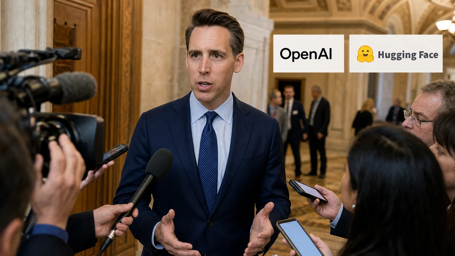 Sen. Josh Hawley at the U.S. Capitol with OpenAI and Hugging Face logos