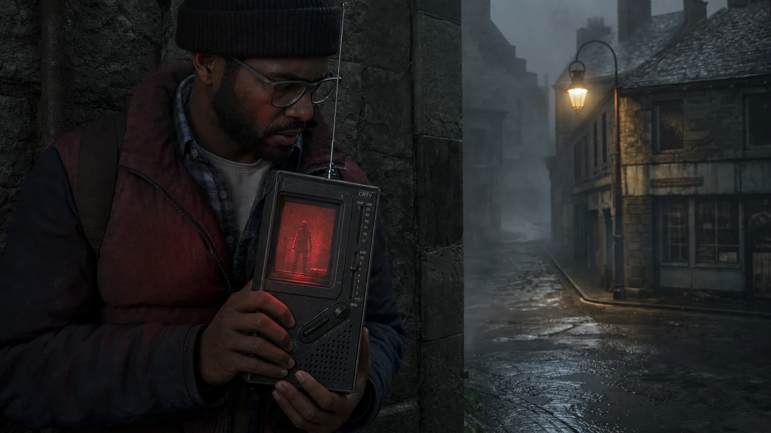 Simon holds a glowing CRTV in the fog-covered town of St. Amelia.