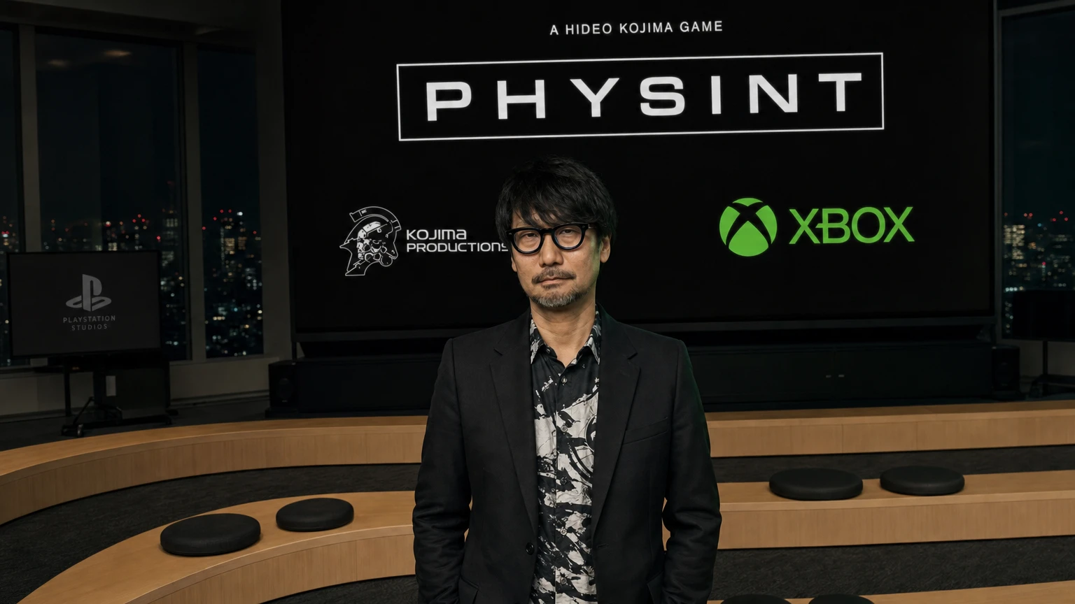 Hideo Kojima with Physint, Xbox and Kojima Productions branding