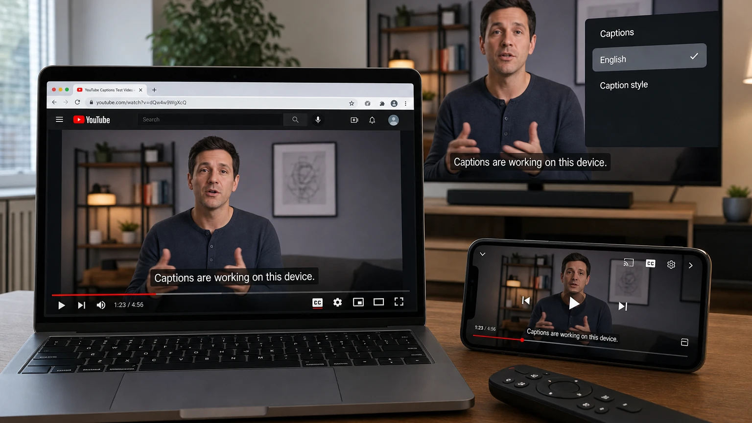 YouTube caption controls displayed on a laptop, phone, and smart TV