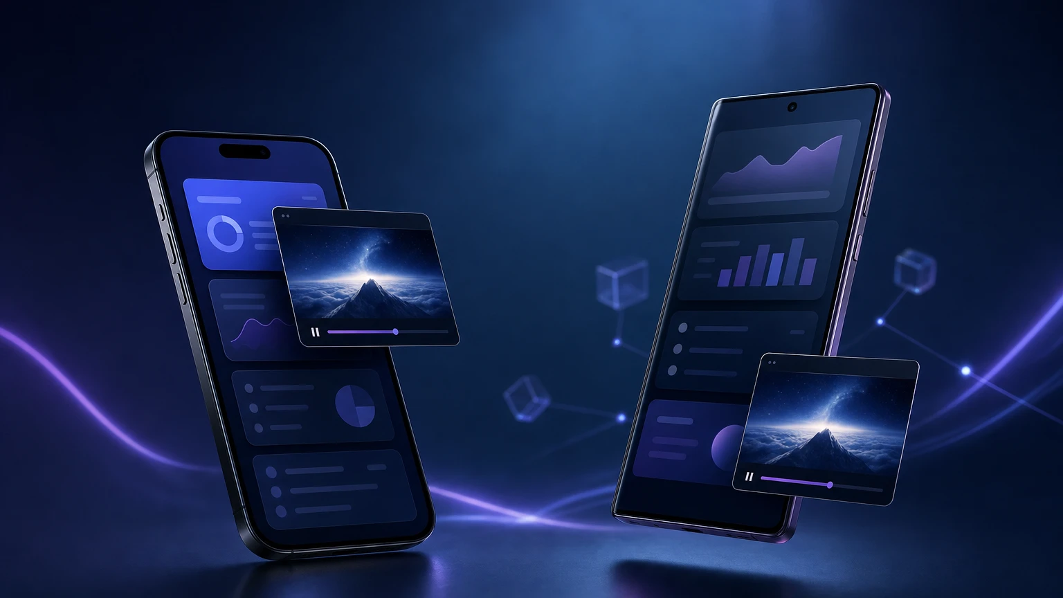 Two smartphones using a floating picture-in-picture video player while other apps remain open