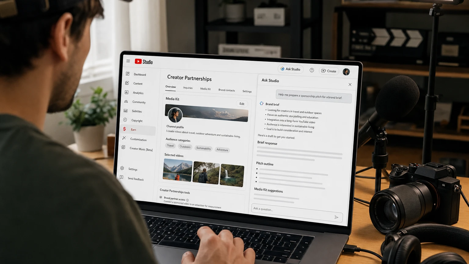 Video creator reviewing a sponsorship proposal and partnerships dashboard in YouTube Studio