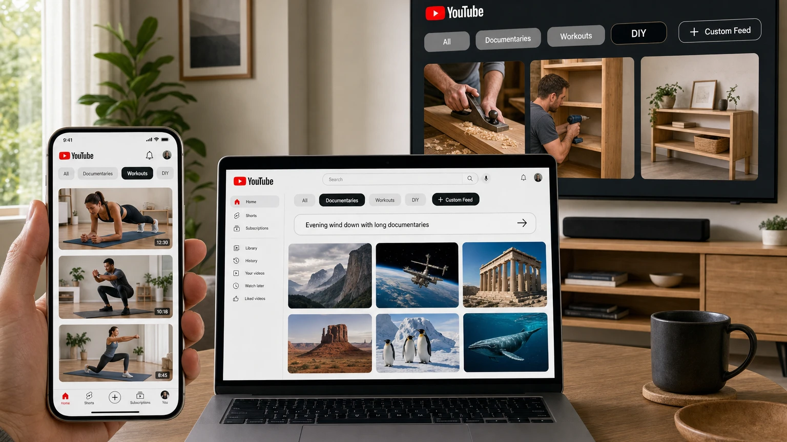 Concept illustration of YouTube Custom Feeds on a phone, laptop and television