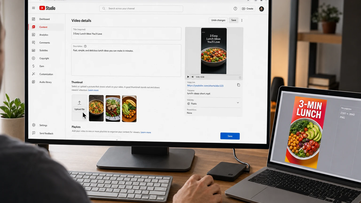 YouTube Studio on a desktop showing the custom thumbnail upload controls for a YouTube Short