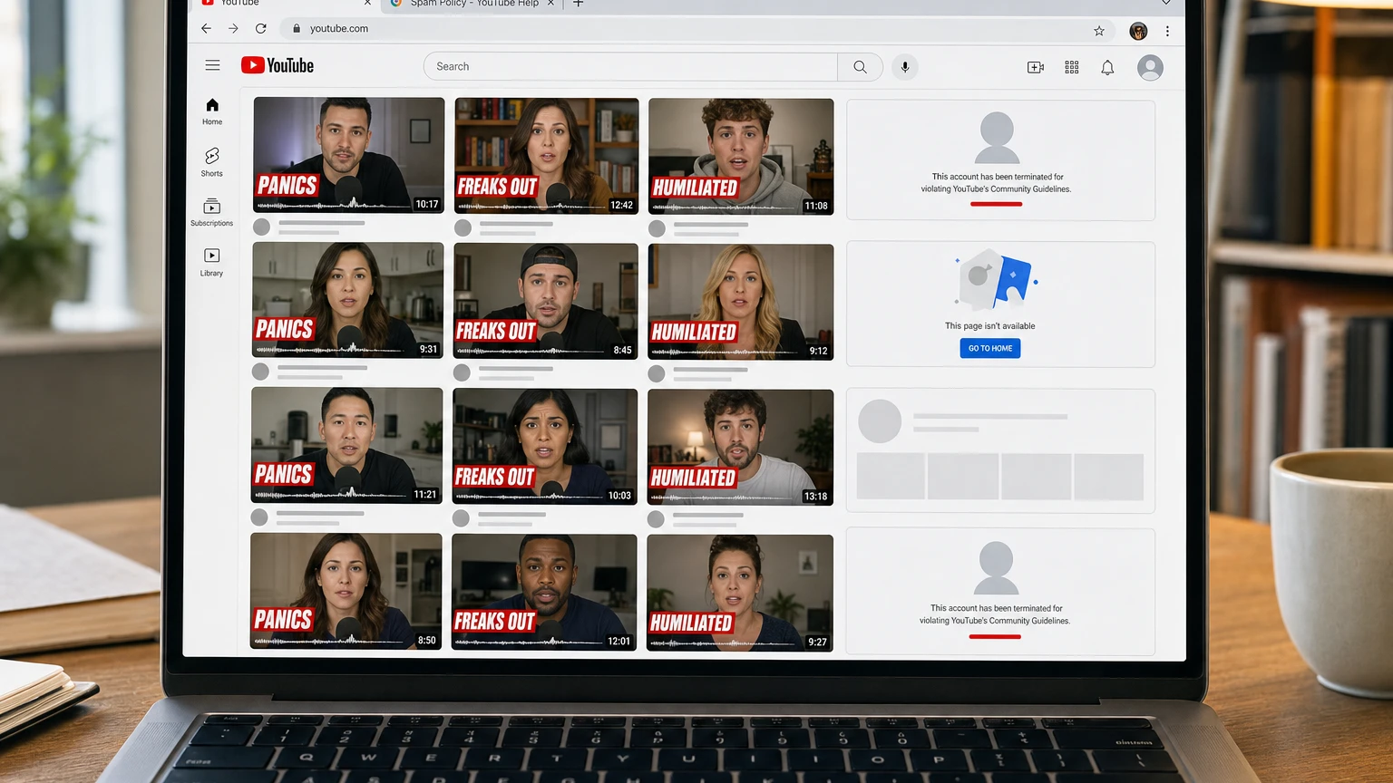 YouTube screen showing political commentator videos and removed-channel notices.