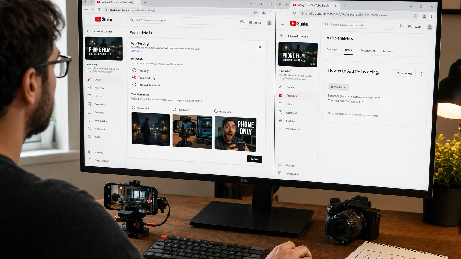 YouTube Studio A/B Testing screen comparing three thumbnail variants for a long-form video