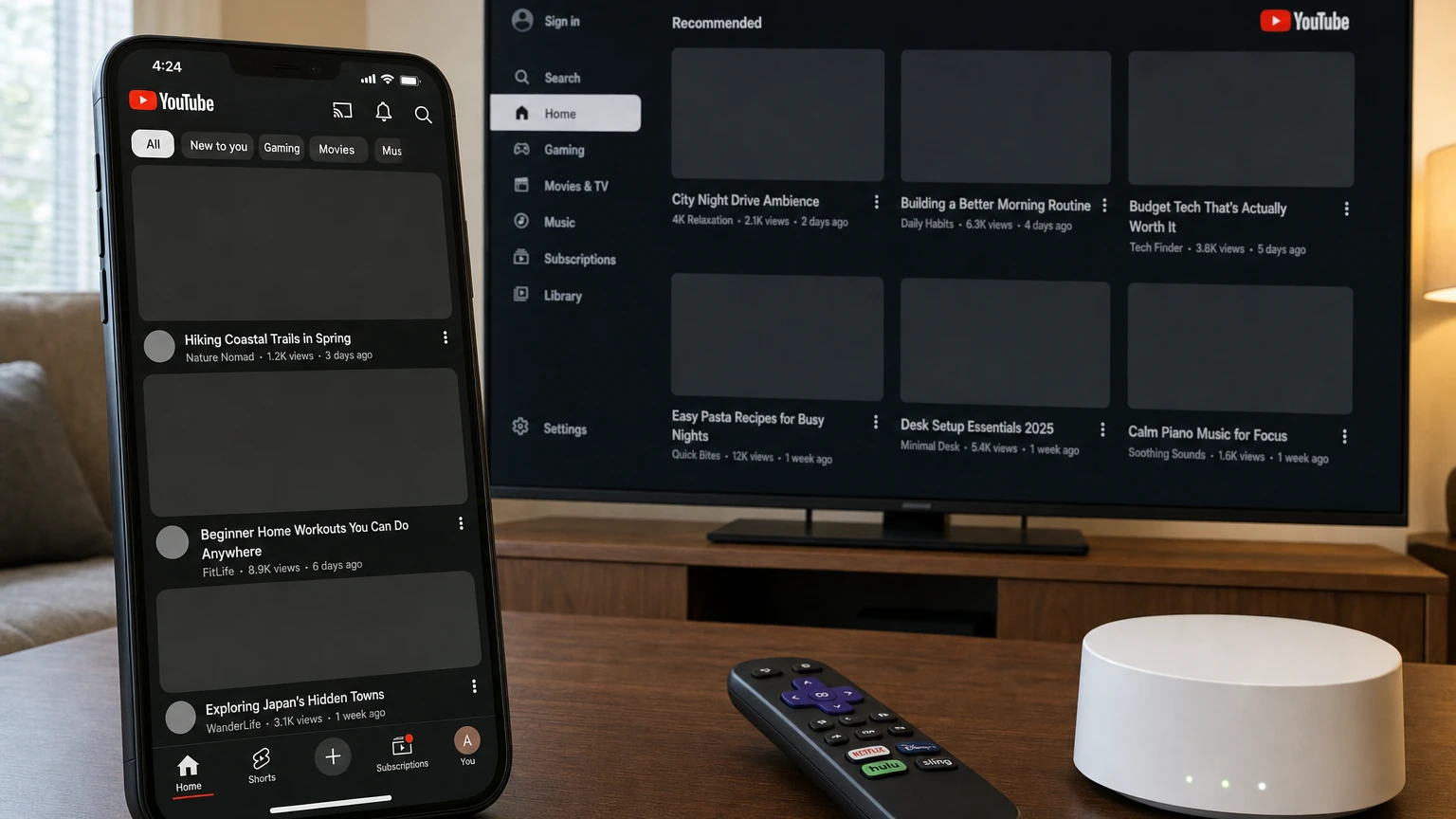 YouTube Home feed showing blank thumbnails on a phone and smart TV
