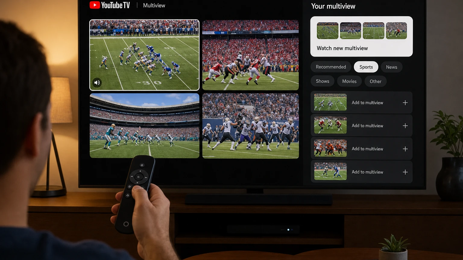 YouTube TV multiview showing four live football games with one active-audio tile selected.